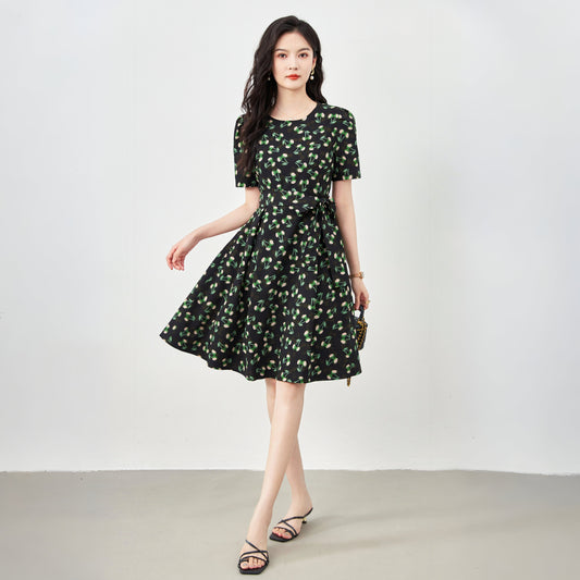 Suri chiffon printed round neck dress with belt