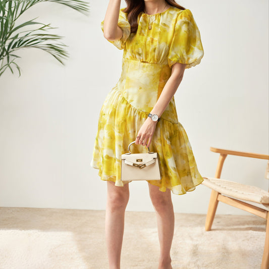 Fleur printed chiffon dress with elbow bishop sleeves