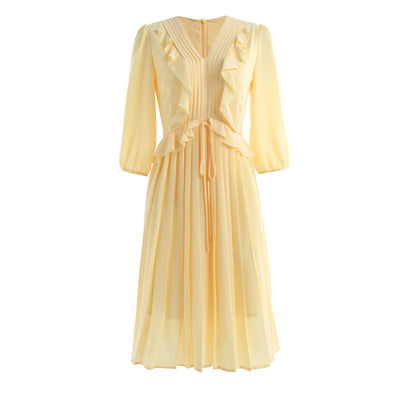 Severine V neck chiffon ruffle pleated dress