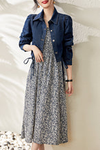 Load image into Gallery viewer, Peyton 2 piece set denim jacket with chiffon spaghetti strap gathered printed dress
