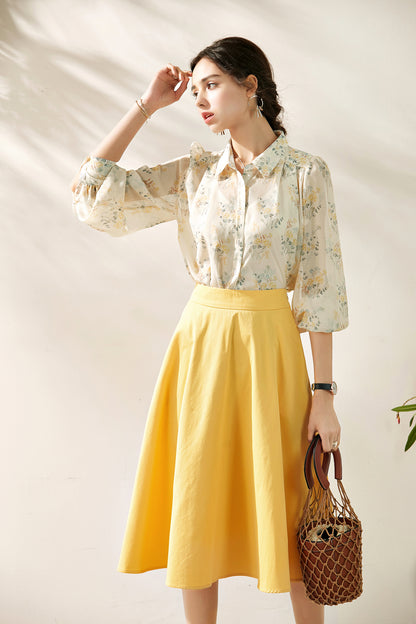 Chantel 3 piece set puff sleeve floral shirt with inner blouse and circular skirt