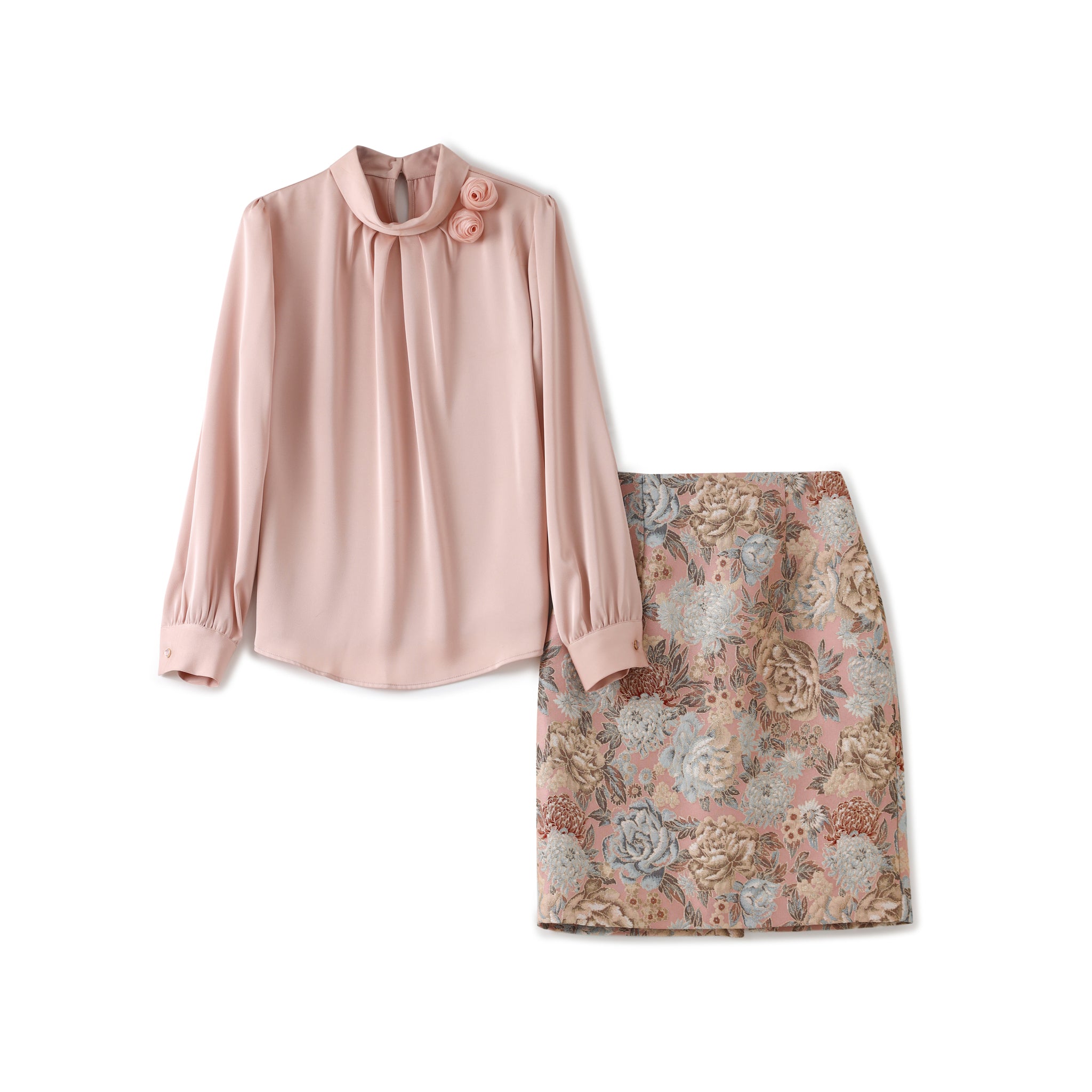 Ariana 2 pcs set satin floral shirt with jacquard floral skirt