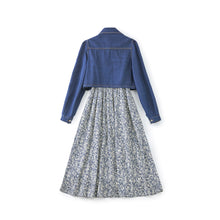 Load image into Gallery viewer, Peyton 2 piece set denim jacket with chiffon spaghetti strap gathered printed dress
