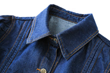Load image into Gallery viewer, Peyton 2 piece set denim jacket with chiffon spaghetti strap gathered printed dress
