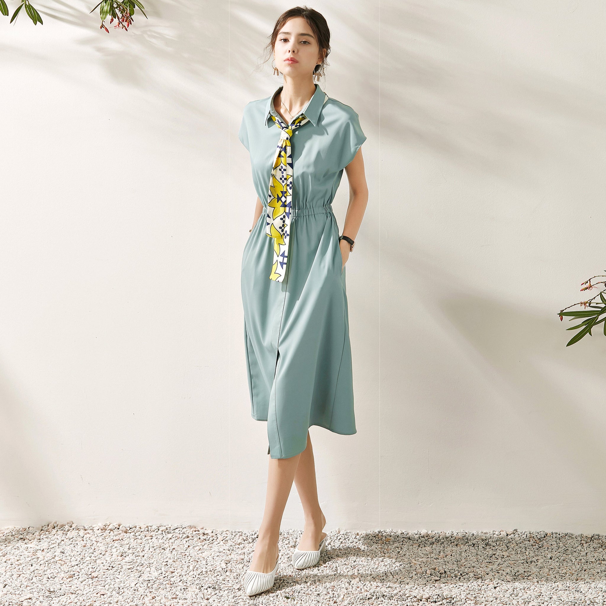 Galena collar midi dress with scarf tie and elastic waist Thread