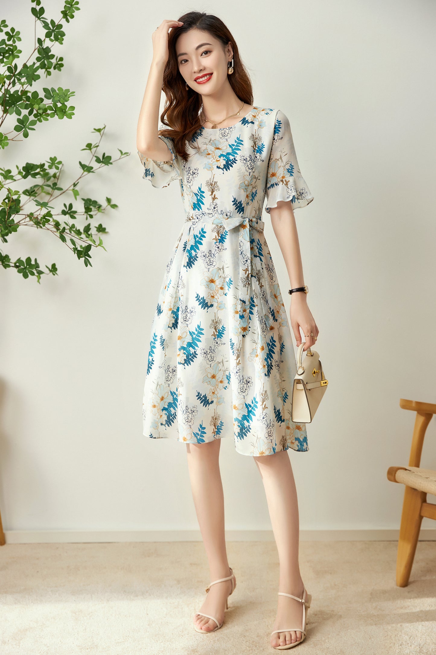 Torill pure silk floral dress with waist belt