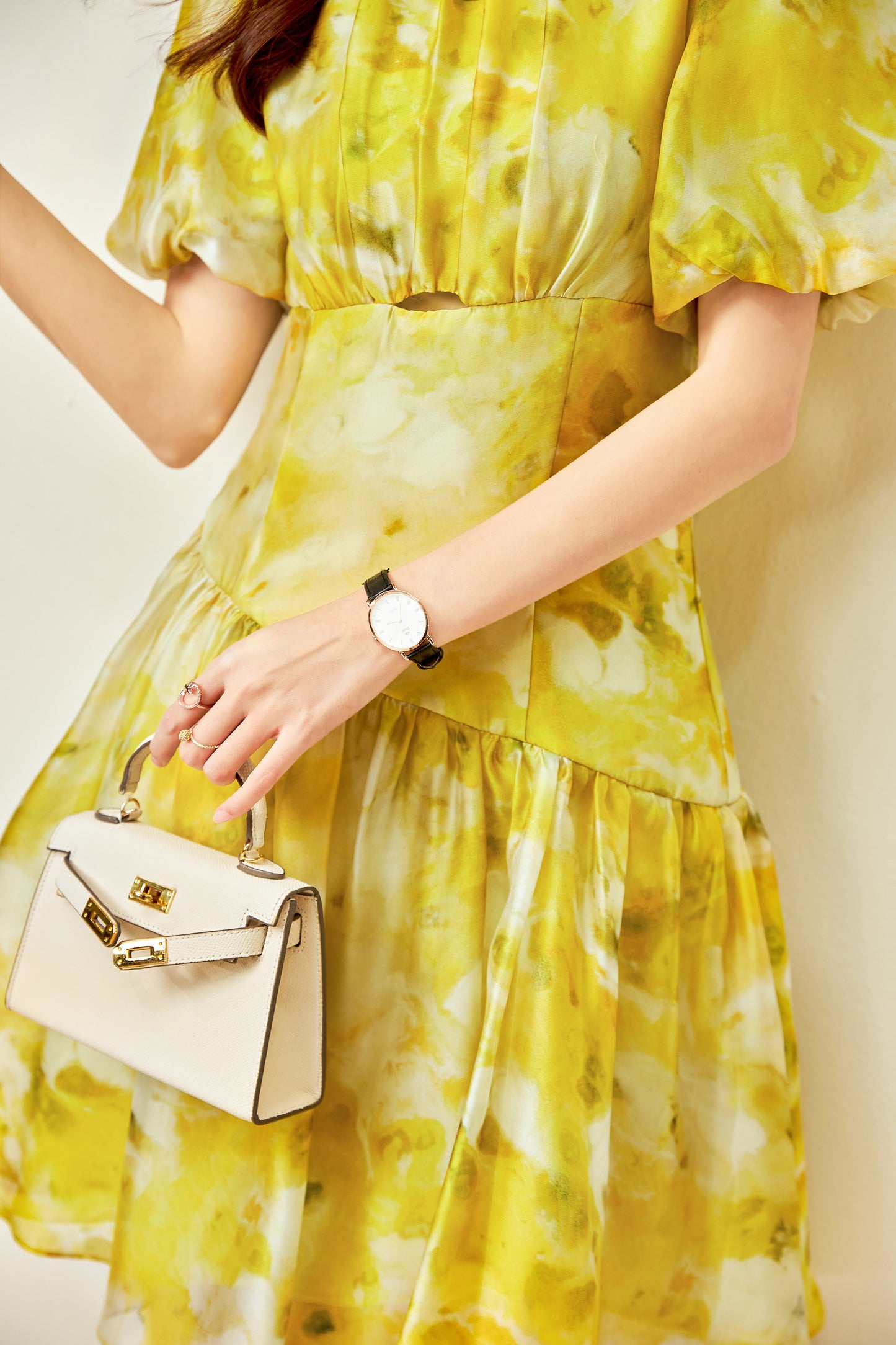 Fleur printed chiffon dress with elbow bishop sleeves