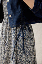Load image into Gallery viewer, Peyton 2 piece set denim jacket with chiffon spaghetti strap gathered printed dress
