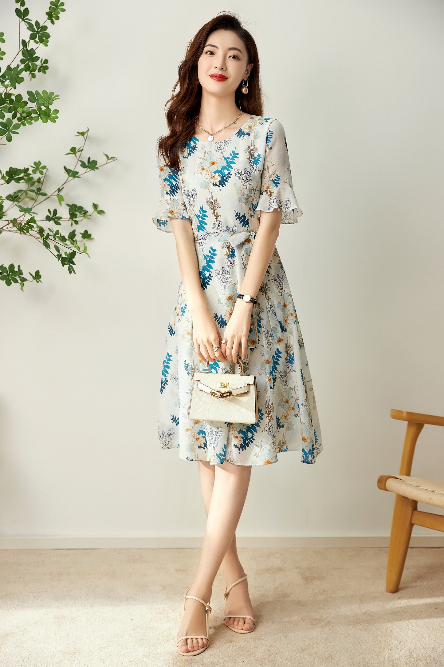 Torill pure silk floral dress with waist belt