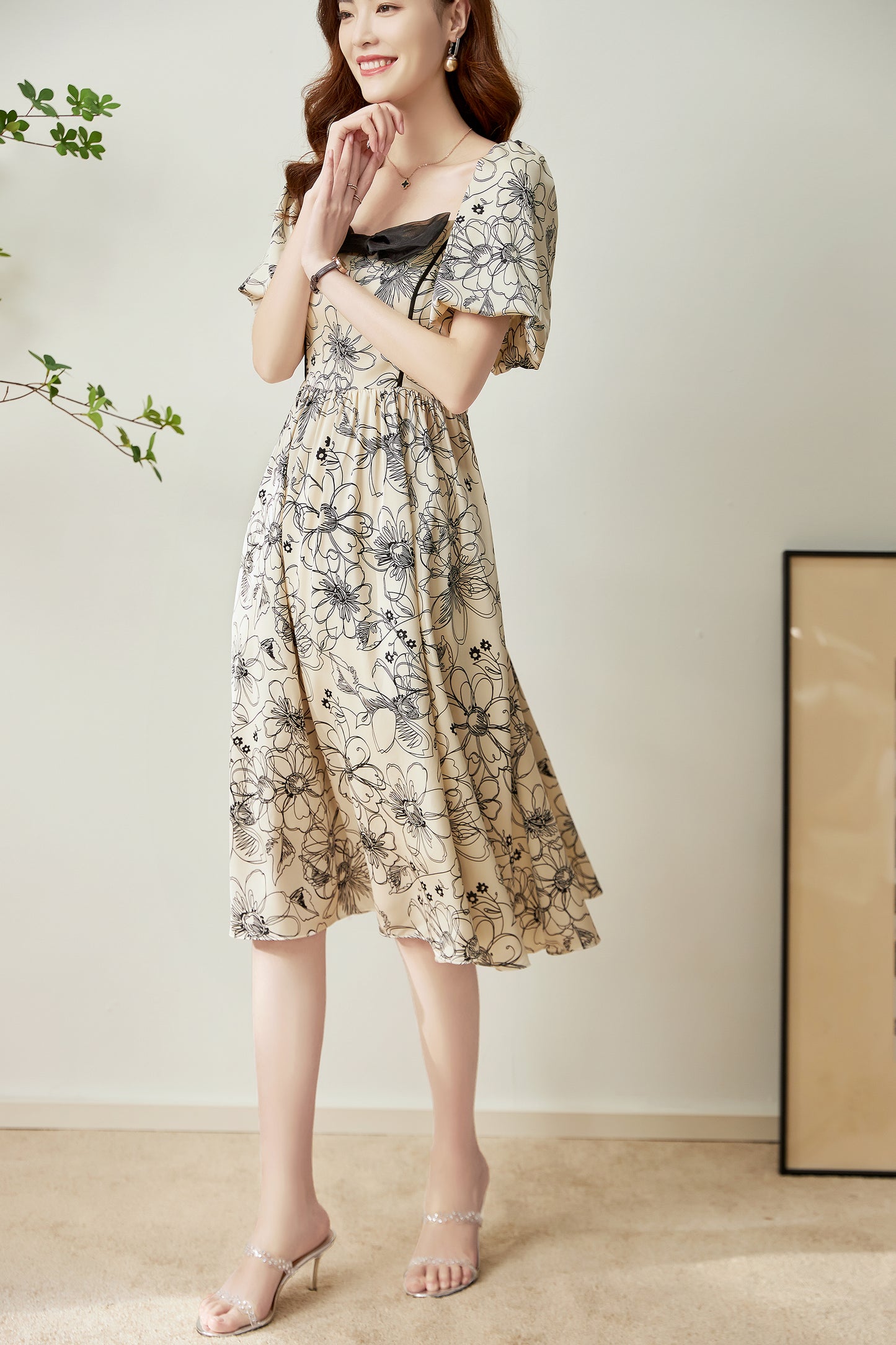 Bjorg floral front ribbon printed satin dress with gathered back and elastic waist