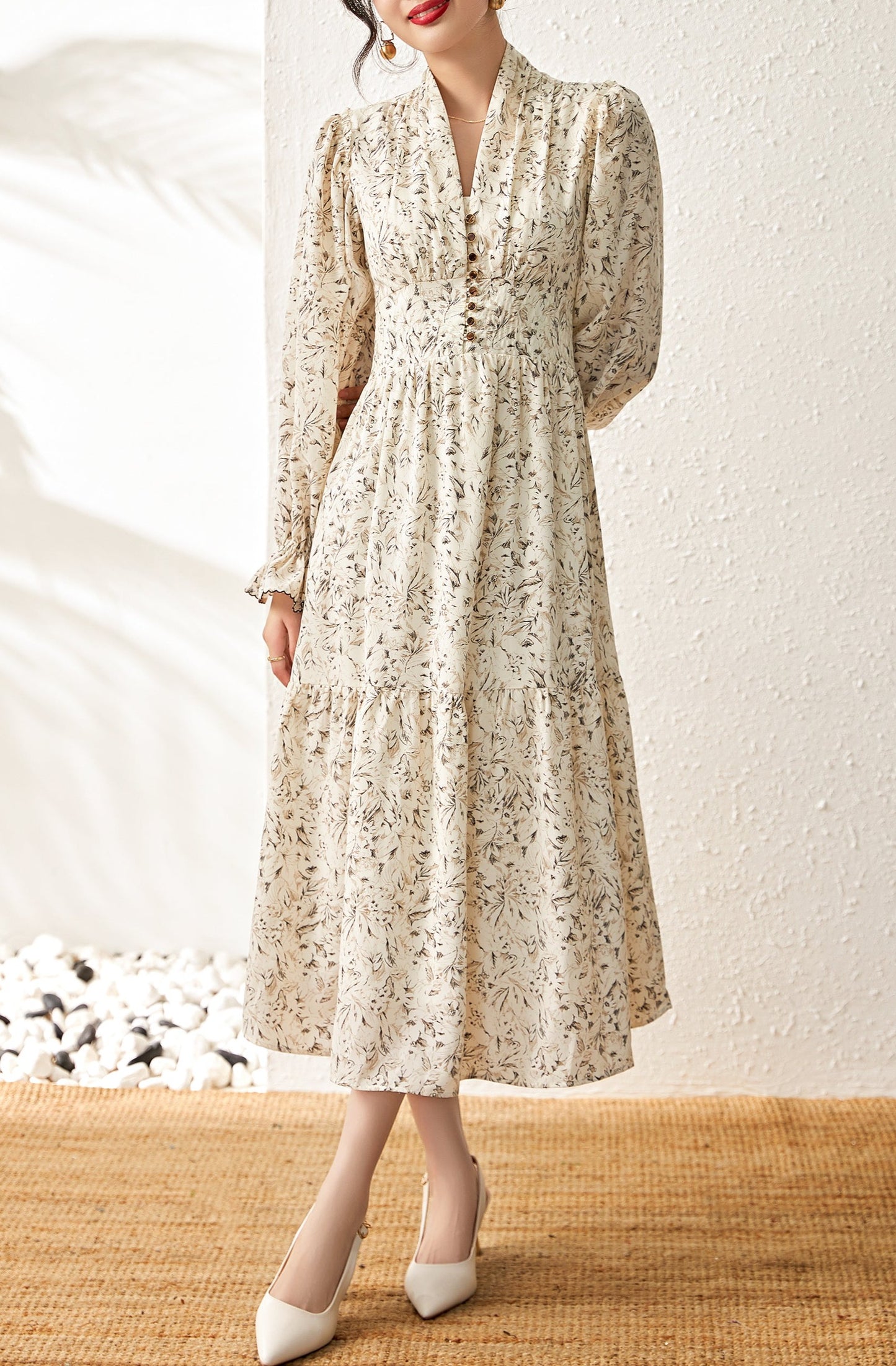 Jules floral hemp dress with elastic gathered waist and exquisite shank buttons