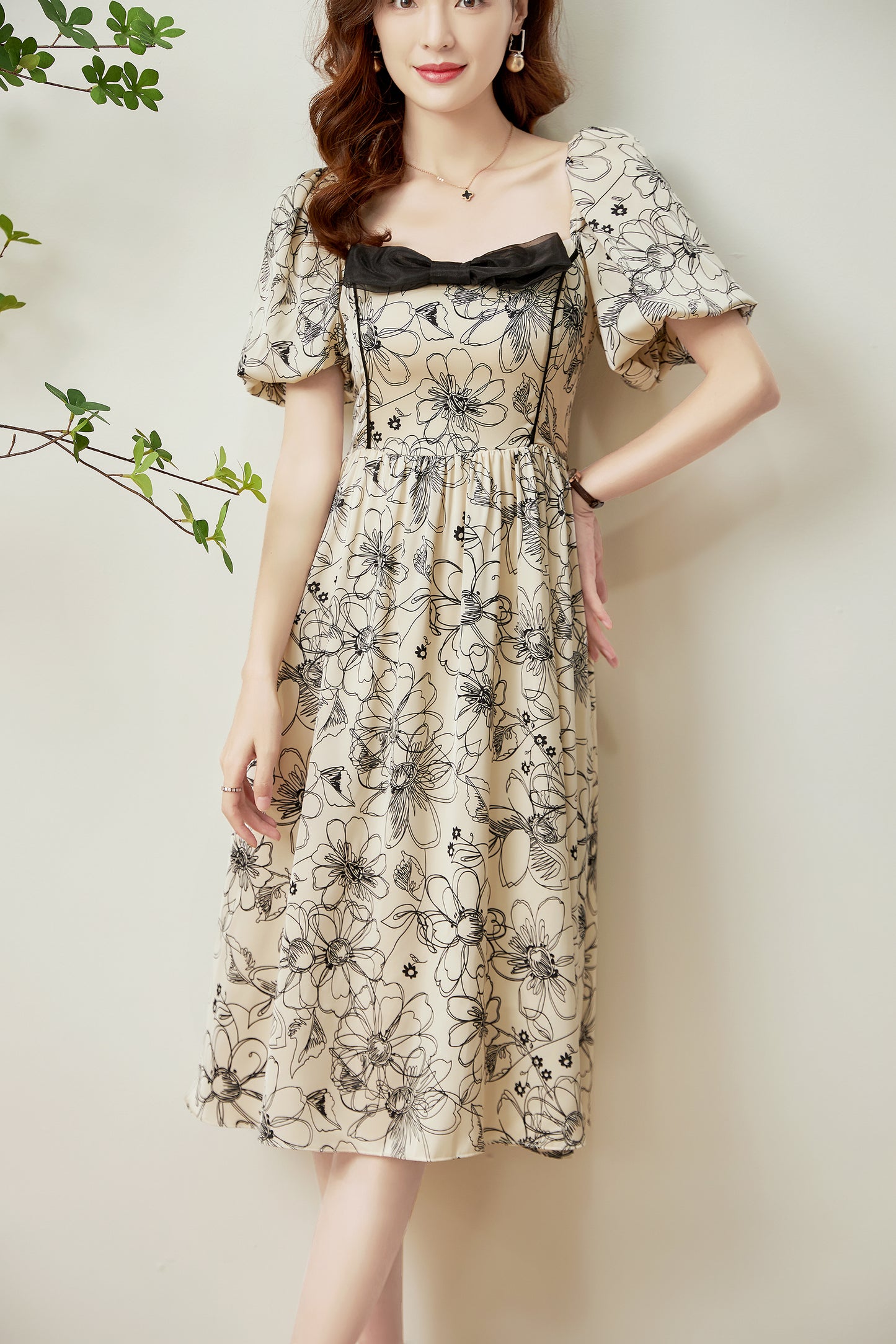Bjorg floral front ribbon printed satin dress with gathered back and elastic waist