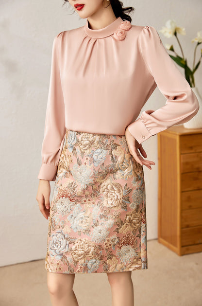 Ariana 2 pcs set satin floral shirt with jacquard floral skirt