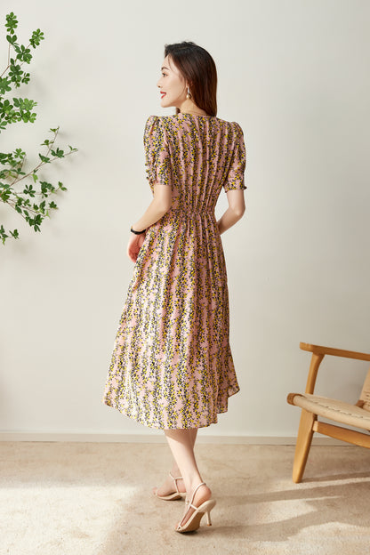 Collette pure silk printed floral dress with elastic waist