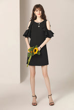 Load image into Gallery viewer, Fae ruffle cutout shoulder with cross back mini dress
