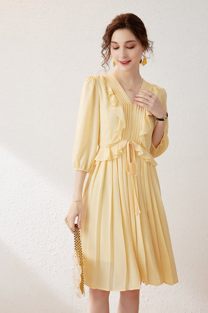 Severine V neck chiffon ruffle pleated dress