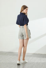 Load image into Gallery viewer, Willa 2 piece set puff sleeve keyhole shirt with checkered belt shorts
