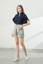 Load image into Gallery viewer, Willa 2 piece set puff sleeve keyhole shirt with checkered belt shorts
