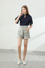 Load image into Gallery viewer, Willa 2 piece set puff sleeve keyhole shirt with checkered belt shorts
