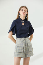 Load image into Gallery viewer, Willa 2 piece set puff sleeve keyhole shirt with checkered belt shorts
