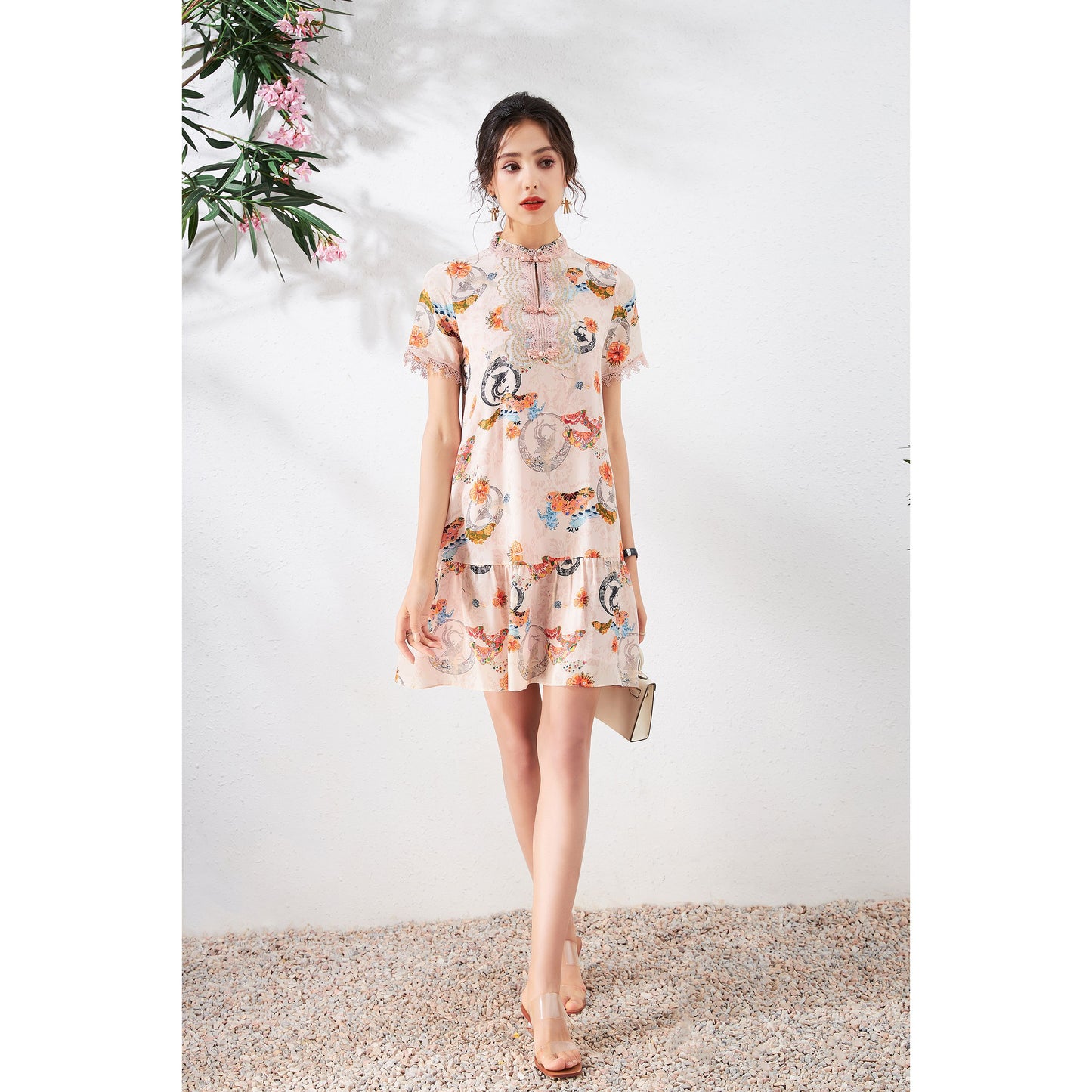 Karla oriental mini pure silk dress with mandarin collar